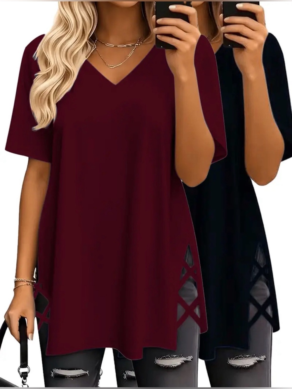 2 pack V-Neck Short Sleeve Tunic w/criss cross Cutout Detail -Burgundy & Black